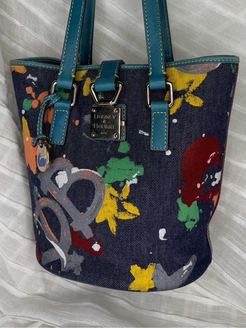 Vintage Dooney & Bourke Graffiti Denim Tote/Bucket Bag Blue Splatter Paint Y2K